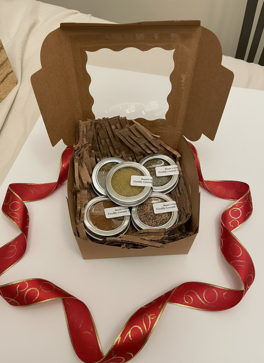 Open Gift box with five spice blend containers inside. Ultimate foodie gift
