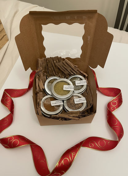 Open Gift box with five spice blend containers inside. Ultimate foodie gift
