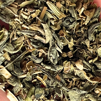 Organic Ceremonial Green Tea mix close up herbs